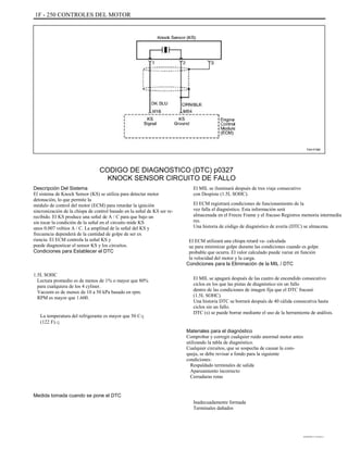 1F - 250 CONTROLES DEL MOTOR
TAA1F380
CODIGO DE DIAGNOSTICO (DTC) p0327
KNOCK SENSOR CIRCUITO DE FALLO
Descripción Del Sistema
El sistema de Knock Sensor (KS) se utiliza para detectar motor
detonación, lo que permite la
módulo de control del motor (ECM) para retardar la ignición
sincronización de la chispa de control basado en la señal de KS ser re-
recibido. El KS produce una señal de A / C para que bajo un
sin tocar la condición de la señal en el circuito mide KS
unos 0.007 voltios A / C. La amplitud de la señal del KS y
frecuencia dependerá de la cantidad de golpe de ser ex
riencia. El ECM controla la señal KS y
puede diagnosticar el sensor KS y los circuitos.
Condiciones para Establecer el DTC
1.5L SOHC
Lectura promedio es de menos de 1% o mayor que 80%
para cualquiera de los 4 cyliner.
Vacoom es de menos de 10 a 50 kPa basado en rpm.
RPM es mayor que 1.600.
La temperatura del refrigerante es mayor que 50 Cq
(122 F).q
El MIL se iluminará después de tres viaje consecutivo
con Despiste (1.5L SOHC).
El ECM registrará condiciones de funcionamiento de la
vez falla el diagnóstico. Esta información será
almacenada en el Freeze Frame y el fracaso Registros memoria intermedia
res.
Una historia de código de diagnóstico de avería (DTC) se almacena.
El ECM utilizará una chispa retard va- calculada
ue para minimizar golpe durante las condiciones cuando es golpe
probable que ocurra. El valor calculado puede variar en función
la velocidad del motor y la carga.
Condiciones para la Eliminación de la MIL / DTC
El MIL se apagará después de las cuatro de encendido consecutivo
ciclos en los que las pistas de diagnóstico sin un fallo
dentro de las condiciones de imagen fija que el DTC fracasó
(1.5L SOHC).
Una historia DTC se borrará después de 40 cálida consecutiva hasta
ciclos sin un fallo.
DTC (s) se puede borrar mediante el uso de la herramienta de análisis.
Materiales para el diagnóstico
Comprobar y corregir cualquier ruido anormal motor antes
utilizando la tabla de diagnóstico.
Cualquier circuitos, que se sospecha de causar la com-
queja, se debe revisar a fondo para la siguiente
condiciones:
Respaldado terminales de salida
Apareamiento incorrecto
Cerraduras rotas
Inadecuadamente formada
Terminales dañados
Medida tomada cuando se pone el DTC
DAEWOO T-154 BL2,3
 