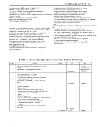 CONTROLES DE MOTOR 1F - 325
Condiciones para la Eliminación de la MIL / DTC
DEl MIL se apagará después de tres (cuatro -
1.5L SOHC) ciclos de encendido consecutivos en los que el
de diagnóstico se ejecuta sin un fallo.
DUna historia DTC se borrará después de 40 consecutivos de calentamiento
ciclos sin un fallo.
DDTC (s) se puede borrar desconectando la batería.
DUtilizando una herramienta de análisis.
Materiales para el diagnóstico
Utilizando los datos del capítulo de helada y / o fracaso registros pueden
ayuda en la localización de una condición intermitente. Si la can- DTC
no duplicar, la información incluida en el Freeze
Los datos de marcos y / o fracaso Records pueden ser útiles en de-
termining cuántas millas desde el conjunto DTC. La Falla
Contador y el contador Pass también se pueden utilizar para determinar
Termine el número de ciclos de encendido del re- diagnóstico
portado un pase y / o un fracaso. Opere el vehículo dentro de
las condiciones marco misma congelación (rpm, carga, vehículo
velocidad, temperatura, etc.) que se observaron. Esto aislar
tarde cuando el DTC falló.
Descripción de la prueba
Número (s) a continuación se refieren al número (s) de paso en el
Tabla de diagnóstico.
1. El diagnóstico a bordo (EOBD) Comprobación del sistema
le pide al técnico para completar algunos básicos
cheques y almacenar la imagen congelada y vuelva fracaso
cuerdas datos en la herramienta de análisis en su caso. Este
crea una copia electrónica de los datos tomados cuando
se produjo la avería. La información es entonces
almacenada en la herramienta de análisis para su posterior consulta.
2. Espere a escuchar un clic audible cuando el funcionamiento del solenoide
ates. Asegúrese de que tanto el encendido y los estados OFF
se les ordena. Repita los comandos como sario
sario.
3. Esta comprobación puede detectar una bobina parcialmente en cortocircuito
que
haría que el flujo de corriente excesivo. Al salir de la cir-
cuit energizado durante 2 minutos permite que la bobina se caliente
para arriba. Cuando caliente, la bobina puede abrir (amperios caen a 0),
o cortas (amperios ir por encima de 0,75).
13. Si no hay ningún problema se encuentra en el circuito de control de la con-
conexión en el ECM, el ECM puede ser
defectuoso, pero esto es un fallo extremadamente improbable. La
ECM de reemplazo debe ser reprogramado.
Consulte el último procedimiento teléfono técnico para ECM
reprogramación.
DTC P0443 emisiones de evaporación de circuito de falla de control (EVAP) Purga
Paso
1
Acción
Realizar un Sistema (EOBD) de diagnóstico a bordo
Compruebe.
¿Es completa la comprobación del sistema?
1. Gire el encendido ON OFF motor.
2. Instale la herramienta de análisis.
3. Comando de la emisiones de evaporación (EVAP)
Purgar solenoide ON y OFF.
¿El solenoide ENCENDER y APAGAR entre com-
mand?
1. Apague la ignición.
2. Desconecte el
módulo de control del motor (ECM) conector
que contiene el circuito de control de solenoide (rojo
conector, conector del motor - 1.5L
SOHC).
3. Encienda la ignición.
4. Con un voltímetro digital (DVM) en un amplificador de 10
escala, medir la corriente del solenoide
circuito de control, en el terminal M4 en el
Conector de mazo del ECM a tierra para
2 minutos.
¿La medida de corriente menor que el especificado
valor cado?
Valor
-
Ir Paso 2
Sí No
Ir a "On-
Junta Diagnostic
Sistema de diag-
Marque "
2
-
Ir Paso 3 Ir Paso 5
3
0,75 amperios
Ir a "diagnós-
tic Sida " Ir Paso 4
DAEWOO T-154 BL2,3
 