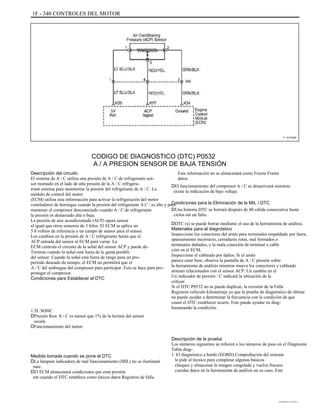 1F - 340 CONTROLES DEL MOTOR
T / A1F340
CODIGO DE DIAGNOSTICO (DTC) P0532
A / A PRESION SENSOR DE BAJA TENSIÓN
Descripción del circuito
El sistema de A / C utiliza una presión de A / C de refrigerante sen-
sor montado en el lado de alta presión de la A / C refrigera-
erant sistema para monitorear la presión del refrigerante de A / C. La
módulo de control del motor
(ECM) utiliza esta información para activar la refrigeración del motor
ventiladores de hormigas cuando la presión del refrigerante A C / es alto y para
mantener el compresor desconectado cuando A / C de refrigerante
la presión es demasiado alta o baja.
La presión de aire acondicionado (ACP) opera sensor
al igual que otros sensores de 3 hilos. El ECM se aplica un
5.0 voltios de referencia y un campo de sensor para el sensor.
Los cambios en la presión de A / C refrigerante harán que el
ACP entrada del sensor al ECM para variar. La
ECM controla el circuito de la señal del sensor ACP y puede de-
Termine cuando la señal está fuera de la gama posible
del sensor. Cuando la señal está fuera de rango para un pro-
período deseado de tiempo, el ECM no permitirá que el
A / C del embrague del compresor para participar. Esto se hace para pro-
proteger el compresor.
Condiciones para Establecer el DTC
1.5L SOHC
DPresión Raw A / C es menor que 1% de la lectura del sensor
escala
DFuncionamiento del motor.
Esta información no se almacenará como Freeze Frame
datos.
DEl funcionamiento del compresor A / C se desactivará mientras
existe la indicación de bajo voltaje.
Condiciones para la Eliminación de la MIL / DTC
DUna historia DTC se borrará después de 40 cálida consecutiva hasta
ciclos sin un fallo.
DDTC (s) se puede borrar mediante el uso de la herramienta de análisis.
Materiales para el diagnóstico
Inspeccione los conectores del arnés para terminales respaldado por fuera,
apareamiento incorrecto, cerraduras rotas, mal formados o
terminales dañados, y la mala conexión de terminal a cable
ción en el ECM.
Inspeccione el cableado por daños. Si el arnés
parece estar bien, observe la pantalla de A / C presión sobre
la herramienta de análisis mientras mueve los conectores y cableado
arneses relacionados con el sensor ACP. Un cambio en el
Un indicador de presión / C indicará la ubicación de la
criticar.
Si el DTC P0532 no se puede duplicar, la revisión de la Falla
Registros vehículo kilometraje ya que la prueba de diagnóstico de última
no puede ayudar a determinar la frecuencia con la condición de que
causó el DTC establecer ocurre. Esto puede ayudar en diag-
husmeando la condición.
Descripción de la prueba
Los números siguientes se refieren a los números de paso en el Diagnostic
Tabla diag-.
1. El diagnóstico a bordo (EOBD) Comprobación del sistema
le pide al técnico para completar algunos básicos
cheques y almacenar la imagen congelada y vuelva fracaso
cuerdas datos en la herramienta de análisis en su caso. Este
Medida tomada cuando se pone el DTC
DLa lámpara indicadora de mal funcionamiento (MIL) no se iluminará
nate.
DEl ECM almacenará condiciones que eran presión
ent cuando el DTC establece como únicos datos Registros de falla.
DAEWOO T-154 BL2,3
 