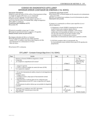 CONTROLES DE MOTOR 1F - 355
CODIGO DE DIAGNOSTICO (DTC) p0607
INFERIOR ERROR CONTADOR DE ENERGÍA (1.5L SOHC)
Descripción Del Sistema
Módulo de control del motor (ECM) verifica el funcionamiento de Bajo
er contador de energía (LPC) de E / C y co- municación
entre LPC y la CPU principal. El ECM controla Serial
Peripheral Interface (SPI) bits y cuenta regresiva tasa de E / C
una vez por ciclo de la llave. Si la prueba falla, código de diagnóstico
(DTC) p0607 se establecerá.
Condiciones para establecer el DTC
DEncendido ON.
DTensión de encendido es mayor que 11 voltios.
DEl tiempo de ejecución del motor es superior a 10 segundos.
Medida tomada cuando se pone el DTC
DLa lámpara indicadora de falla no se iluminará.
DEl ECM almacenará condiciones que estaban presentes
cuando el DTC se establece como únicos datos Registros de falla.
Esta información no se almacenará en el Freeze
Datos del marco.
DUna historia DTC se almacena.
Condiciones para limpiar el DTC
DUna historia DTC se borrará después de 40 consecutivos de calentamiento
ciclos sin un fallo.
DEl DTC (s) se puede borrar mediante el uso de la herramienta de análisis.
Descripción de la prueba
El número (s) a continuación se refieren a paso específico (s) en el
tabla de diagnóstico.
1. El diagnóstico a bordo (EOBD) Comprobación del sistema
le pide al técnico para completar algunos básicos
cheques y almacenar la imagen congelada y vuelva fracaso
cuerdas datos en la herramienta de análisis en su caso. Este
crea una copia electrónica de los datos tomados cuando
se produjo la avería. La información es entonces
almacenada en la herramienta de análisis para su posterior consulta.
2. El ECM de reemplazo debe ser reprogramado. Re-
fer al procedimiento menos teléfono técnico para ECM reproducción
programación.
DTC p0607 - Contador Energía Baja Error (1.5L SOHC)
Paso
1
Acción
Realizar un Sistema (EOBD) de diagnóstico a bordo
Compruebe.
¿Es completa la comprobación del sistema?
1. Apague la ignición.
2. Vuelva a colocar el módulo de control del motor (ECM).
Es la reparación completa?
1. El uso de la herramienta de análisis, desactive la de diagnóstico de
problemas
Códigos (DTC).
2. Arranque el motor y dejar pasar al funcionamiento normal
la temperatura.
3. Haga funcionar el vehículo dentro de las condiciones para
el establecimiento de este DTC como se especifica en el soporte
texto.
¿La herramienta de análisis indican que este perdedor de diagnóstico
y pasado?
Compruebe si se establecen otros DTC adicionales.
¿Hay algún DTC muestran que no han sido
diagnosticado?
Valor
-
Ir Paso 2
-
Ir Paso 3
Sí No
Ir a "On-
Junta Diagnostic
Sistema de diag-
Marque "
-2
3 -
Ir Paso 4
-
Ir
CDI aplicable
mesa
Ir Paso 2
4
Sistema Aceptar
DAEWOO T-154 BL2,3
 