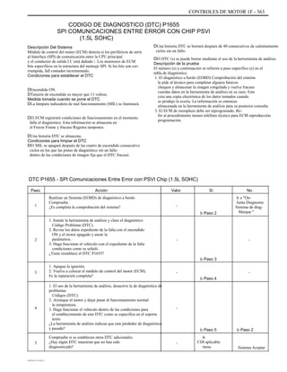 CONTROLES DE MOTOR 1F - 363
CODIGO DE DIAGNOSTICO (DTC) P1655
SPI COMUNICACIONES ENTRE ERROR CON CHIP PSVI
(1.5L SOHC)
Descripción Del Sistema
Módulo de control del motor (ECM) detecta si los periféricos de serie
al Interface (SPI) de comunicación entre la CPU principal
y el conductor de salida I C está dañado /. Los monitores de ECM
bits específicos en la estructura del mensaje SPI. Si los bits son cor-
rrumpida, fall contador incrementado.
Condiciones para establecer el DTC
DEncendido ON.
DTensión de encendido es mayor que 11 voltios.
Medida tomada cuando se pone el DTC
DLa lámpara indicadora de mal funcionamiento (MIL) se iluminará.
DEl ECM registrará condiciones de funcionamiento en el momento
falla el diagnóstico. Esta información se almacena en
el Freeze Frame y fracaso Registra tampones.
DUna historia DTC se almacena.
Condiciones para limpiar el DTC
DEl MIL se apagará después de las cuatro de encendido consecutivo
ciclos en los que las pistas de diagnóstico sin un fallo
dentro de las condiciones de imagen fija que el DTC fracasó.
DUna historia DTC se borrará después de 40 consecutivos de calentamiento
ciclos sin un fallo.
DEl DTC (s) se puede borrar mediante el uso de la herramienta de análisis.
Descripción de la prueba
El número (s) a continuación se refieren a paso específico (s) en el
tabla de diagnóstico.
1. El diagnóstico a bordo (EOBD) Comprobación del sistema
le pide al técnico para completar algunos básicos
cheques y almacenar la imagen congelada y vuelva fracaso
cuerdas datos en la herramienta de análisis en su caso. Este
crea una copia electrónica de los datos tomados cuando
se produjo la avería. La información es entonces
almacenada en la herramienta de análisis para su posterior consulta.
3. El ECM de reemplazo debe ser reprogramado. Re-
fer al procedimiento menos teléfono técnico para ECM reproducción
programación.
DTC P1655 - SPI Comunicaciones Entre Error con PSVI Chip (1.5L SOHC)
Paso
1
Acción
Realizar un Sistema (EOBD) de diagnóstico a bordo
Compruebe.
¿Es completa la comprobación del sistema?
1. Instale la herramienta de análisis y claro el diagnóstico
Código Problema (DTC).
2. Revise los datos expediente de la falta con el encendido
ON y el motor apagado y anote la
parámetros.
3. Haga funcionar el vehículo con el expediente de la falta
condiciones como se señaló.
¿Tiene restablece el DTC P1655?
1. Apague la ignición.
2. Vuelva a colocar el módulo de control del motor (ECM).
Es la reparación completa?
1. El uso de la herramienta de análisis, desactive la de diagnóstico de
problemas
Códigos (DTC).
2. Arranque el motor y dejar pasar al funcionamiento normal
la temperatura.
3. Haga funcionar el vehículo dentro de las condiciones para
el establecimiento de este DTC como se especifica en el soporte
texto.
¿La herramienta de análisis indican que este perdedor de diagnóstico
y pasado?
Compruebe si se establecen otros DTC adicionales.
¿Hay algún DTC muestran que no han sido
diagnosticado?
Valor
-
Ir Paso 2
Sí No
Ir a "On-
Junta Diagnostic
Sistema de diag-
Marque "
2 - -
Ir Paso 3
-
Ir Paso 4
-3
4 -
Ir Paso 5
-
Ir
CDI aplicable
mesa
Ir Paso 2
5
Sistema Aceptar
DAEWOO T-154 BL2,3
 