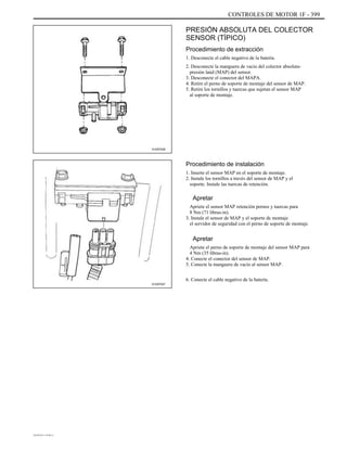 CONTROLES DE MOTOR 1F - 399
PRESIÓN ABSOLUTA DEL COLECTOR
SENSOR (TÍPICO)
Procedimiento de extracción
1. Desconecte el cable negativo de la batería.
2. Desconecte la manguera de vacío del colector absoluta-
presión laúd (MAP) del sensor.
3. Desconecte el conector del MAPA.
4. Retire el perno de soporte de montaje del sensor de MAP.
5. Retire los tornillos y tuercas que sujetan el sensor MAP
al soporte de montaje.
A102F028
Procedimiento de instalación
1. Inserte el sensor MAP en el soporte de montaje.
2. Instale los tornillos a través del sensor de MAP y el
soporte. Instale las tuercas de retención.
Apretar
Apriete el sensor MAP retención pernos y tuercas para
8 Nm (71 libras-in).
3. Instale el sensor de MAP y el soporte de montaje
el servidor de seguridad con el perno de soporte de montaje.
Apretar
Apriete el perno de soporte de montaje del sensor MAP para
4 Nm (35 libras-in).
4. Conecte el conector del sensor de MAP.
5. Conecte la manguera de vacío al sensor MAP.
6. Conecte el cable negativo de la batería.
A102F027
DAEWOO T-154 BL2,3
 