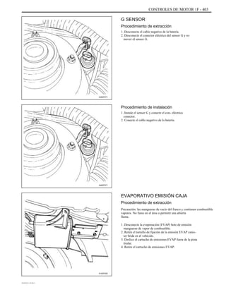 CONTROLES DE MOTOR 1F - 403
G SENSOR
Procedimiento de extracción
1. Desconecte el cable negativo de la batería.
2. Desconecte el conector eléctrico del sensor G y re-
mover el sensor G.
A402F071
Procedimiento de instalación
1. Instale el sensor G y conecte el con- eléctrica
conector.
2. Conecte el cable negativo de la batería.
A402F071
EVAPORATIVO EMISIÓN CAJA
Procedimiento de extracción
Precaución: las mangueras de vacío del frasco y contienen combustible
vapores. No fume en el área o permitir una abierta
llama.
1. Desconecte la evaporación (EVAP) bote de emisión
mangueras de vapor de combustible.
2. Retire el tornillo de fijación de la emisión EVAP canis-
ter brida en el vehículo.
3. Deslice el cartucho de emisiones EVAP fuera de la pista
titular.
4. Retire el cartucho de emisiones EVAP.
A102F020
DAEWOO T-154 BL2,3
 