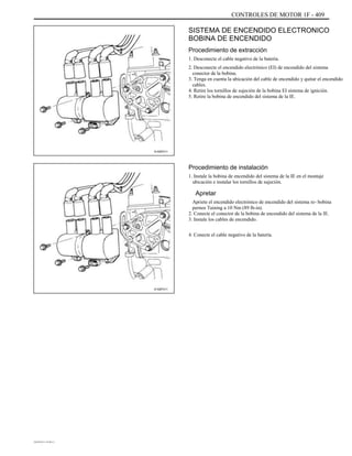 CONTROLES DE MOTOR 1F - 409
SISTEMA DE ENCENDIDO ELECTRONICO
BOBINA DE ENCENDIDO
Procedimiento de extracción
1. Desconecte el cable negativo de la batería.
2. Desconecte el encendido electrónico (EI) de encendido del sistema
conector de la bobina.
3. Tenga en cuenta la ubicación del cable de encendido y quitar el encendido
cables.
4. Retire los tornillos de sujeción de la bobina EI sistema de ignición.
5. Retire la bobina de encendido del sistema de la IE.
A102F011
Procedimiento de instalación
1. Instale la bobina de encendido del sistema de la IE en el montaje
ubicación e instalar los tornillos de sujeción.
Apretar
Apriete el encendido electrónico de encendido del sistema re- bobina
pernos Taining a 10 Nm (89 lb-in).
2. Conecte el conector de la bobina de encendido del sistema de la IE.
3. Instale los cables de encendido.
4. Conecte el cable negativo de la batería.
A102F011
DAEWOO T-154 BL2,3
 