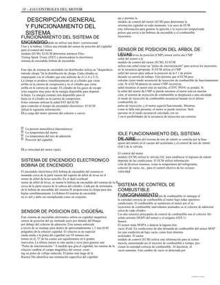 1F - 410 CONTROLES DEL MOTOR
DESCRIPCIÓN GENERAL
Y FUNCIONAMIENTO DEL
SISTEMA
FUNCIONAMIENTO DEL SISTEMA DE
ENCENDIDOEste sistema de encendido no utiliza una distri- convencional
Utor y la bobina. Utiliza una entrada del sensor de posición del cigüeñal
para el control del motor
módulo (ECM). El ECM determina entonces Elec-
Timing Spark Tronic (EST) y desencadena la electrónica
sistema de encendido bobina de encendido.
Este tipo de sistema de encendido sin distribuidor utiliza un "desperdicio
método chispa "de la distribución de chispa. Cada cilindro es
emparejado con el cilindro que está enfrente de él (1-4 o 2-3).
La chispa se produce simultáneamente en el cilindro que viene
arriba en la carrera de compresión y en el cilindro que viene
arriba en la carrera de escape. El cilindro de los gases de escape
ictus requiere muy poco de la energía disponible para disparar
la bujía. La energía restante está disponible para el
bujía en el cilindro en la carrera de compresión.
Estos sistemas utilizan la señal EST del ECM
para controlar el tiempo de encendido electrónico. El ECM
utiliza la siguiente información:
DLa carga del motor (presión del colector o vacío).
D
D
D
D
La presión atmosférica (barométrica).
La temperatura del motor.
La temperatura del aire de admisión.
Posición del cigüeñal.
eje y permite la
módulo de control del motor (ECM) para determinar la
orientación cigüeñal en todo momento. Los usos de ECM
esta información para generar la ignición y la inyección temporizada
pulsos que envía a las bobinas de encendido y el combustible
inyectores.
SENSOR DE POSICION DEL ARBOL DE
LEVASEl árbol de levas de posición (CMP) sensor envía una CMP
señal del sensor a la
módulo de control del motor (ECM). El ECM
utiliza esta señal como un "pulso de sincronización" para activar los inyectores
en la secuencia apropiada. El ECM utiliza el CMP
señal del sensor para indicar la posición de la # 1 de pistón
durante su carrera de trabajo. Esto permite que el ECM para
calcular cierto modo secuencial de inyección de combustible de funcionamiento
ción. Si el ECM detecta un sensor CMP incorrecta
señal mientras el motor está en marcha, el DTC P0341 se pondrá. Si
la señal del sensor de CMP se pierde mientras el motor está en marcha
ción, el sistema de inyección de combustible se desplazará a una calculada
el modo de inyección de combustible secuencial basado en el último
combustible in-
pulso de inyección, y el motor seguirá funcionando. Mientras
como la falla está presente, el motor se puede reiniciar. Será
ejecutar en el modo secuencial calculado con un
1-en-6 posibilidades de la secuencia de inyección sea correcta.
IDLE FUNCIONAMIENTO DEL SISTEMA
DE AIREEl funcionamiento del sistema de aire de ralentí se controla por la base
ajuste del ralentí en el cuerpo del acelerador y el control de aire de ralentí
(IAC) de la válvula.
El control del motor
módulo (ECM) utiliza la válvula IAC para establecer el régimen de ralentí
depende de las condiciones. El ECM utiliza información
ción de diversos insumos, como la temperatura del refrigerante,
colector de vacío, etc., para el control efectivo de los ociosos
velocidad.
DLa velocidad del motor (rpm).
SISTEMA DE ENCENDIDO ELECTRONICO
BOBINA DE ENCENDIDO
El encendido electrónico (EI) bobina de encendido del sistema es
montado cerca de la parte trasera del soporte de árbol de levas en el
motor de árbol de levas sencillo. En el dual overhead
motor de árbol de levas, se monta la bobina de encendido del sistema de la IE
cerca de la parte trasera de la cabeza del cilindro. Cada par de terminales
de la bobina de encendido del sistema IE proporciona la chispa para dos
bujías simultáneamente. La bobina EI sistema de encendido
no es útil y debe ser reemplazada como un conjunto.
SISTEMA DE CONTROL DE
COMBUSTIBLE
FUNCIONAMIENTOLa función del sistema de medición de combustible es entregar el
la cantidad correcta de combustible al motor bajo todas operativo
condiciones. El combustible se suministra al motor por el in-
inyectores de combustible individuales montados en el colector de admisión
cerca de cada cilindro.
Los dos sensores principales de control de combustible son el colector Ab-
soluto presión (MAP) del sensor y el oxígeno (O2S 1)
Sensor.
El sensor mide MAPA o detecta la ingesta tión
vacío iFold. En condiciones de alta demanda de combustible del sensor MAP
lee una condición de bajo vacío, como bien abiertos
acelerador. El motor
módulo de control (ECM) utiliza esta información para la richen
mezcla, aumentando así el inyector de combustible a tiempo, pro-
cionar la cantidad correcta de combustible. Al decelerar, el
vacío aumenta. Este cambio de vacío es detectada por
SENSOR DE POSICION DEL CIGÜEÑAL
Este sistema de encendido electrónico utiliza un cigüeñal magnética
sensor de posición del eje montado justo por delante del bloque
por debajo del colector de admisión. Este sensor sobresale
a través de su montaje para dentro de aproximadamente 1,3 mm (0,05
pulgadas) de la reluctor cigüeñal. El reluctor es un especial
rueda unida a la polea del cigüeñal con 58 ranuras ma-
lomos en él, 57 de las cuales son equidistantes en 6 grados
intervalos. La última ranura es más ancha y sirve para generar una
"Pulso de sincronización." A medida que gira el cigüeñal, las ranuras de la
reluctor cambiar el campo magnético del sensor, creat-
ing un pulso de voltaje inducido. El pulso más larga de la
Ranura 58a identifica una orientación específica del cigüeñal
DAEWOO T-154 BL2,3
 