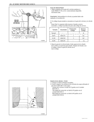 1B - 82 SOHC MOTOR MECANICO
Guía de Válvula Ream
1. Mida el diámetro de la guía de la válvula mediante el
medir MKM-571-B y un in- comercialmente disponible
micrómetro lado.
Importante: Sobremedidas de válvulas ya pueden haber sido
equipada en la producción.
2. Un código de gran tamaño se encuentra en la guía de la válvula y la válvula
de
frenar final. La siguiente tabla muestra el tamaño correcto,
escariador, y código de producción para cada código de servicio.
A102B059
A102B060
ÁÁÁÁÁÁÁ
aaaaaaaaaaaaaaaaaaaa
a
aaaaaaaaaaaaaaaaaaaa
a Á
Aaaaaaaaaaaaaaaaaaaa
aaaaaaaaaaaaaaaaaaaa
a
aaaaaaaaaaaaaaaaaaaa
a
aaaaaaaaaaaaaaaaaaaa
aaaaaa Á
ÁÁÁÁÁÁÁÁÁÁÁÁÁÁÁÁÁ
ÁÁÁÁÁÁÁÁÁÁÁÁÁÁÁÁÁ
Á
aaaaaaaaaaaaaaaaaaaa
AAA
ÁÁÁÁÁÁÁÁÁÁÁÁÁÁÁÁÁ
ÁÁÁÁÁÁÁÁÁÁÁÁÁÁÁÁÁ
Tamaño Escariador
-
Producción
Código
-
1
2
Servicio
Código
K
K1
K2
La
Normal
0,075
0,150
0,250
KM-253
KM-254
KM-255 -
3. Ream la guía de la válvula desde el lado superior de la cilindro
der la cabeza a la próxima gran tamaño. Después de fresado, cruz
el código y relieve la guía de válvula con el
nuevo código.
Asiento de la válvula - Cortar
1. Coloque la culata en bloques de madera.
2. Cortar la ingesta y los asientos de las válvulas de escape utilizando el
guía deriva KM-340-7 como sigue:
Asiento de la válvula: un lado de 45 grados con el cortador
KM-340-13.
Alto ángulo de corrección: un lado de 30 grados con el
cortador KM-340-13.
Baja ángulo de corrección: un lado de 60 grados con el
cortador KM-340-26.
DAEWOO T-154 BL2,3
 