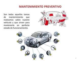 Son todas aquellas tareas
de mantenimiento que
realizamos sobre nuestro
vehículo y que sirven para
mantenerlo en perfecto
estado de funcionamiento.

4

 