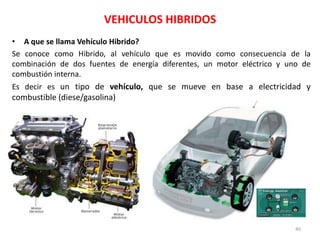 VEHICULOS HIBRIDOS
• A que se llama Vehículo Hibrido?
Se conoce como Hibrido, al vehículo que es movido como consecuencia de la
combinación de dos fuentes de energía diferentes, un motor eléctrico y uno de
combustión interna.
Es decir es un tipo de vehículo, que se mueve en base a electricidad y

combustible (diese/gasolina)

40

 