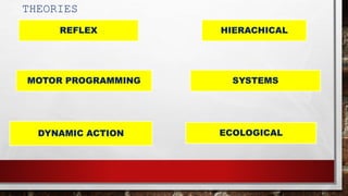 THEORIES
REFLEX HIERACHICAL
MOTOR PROGRAMMING SYSTEMS
DYNAMIC ACTION ECOLOGICAL
 