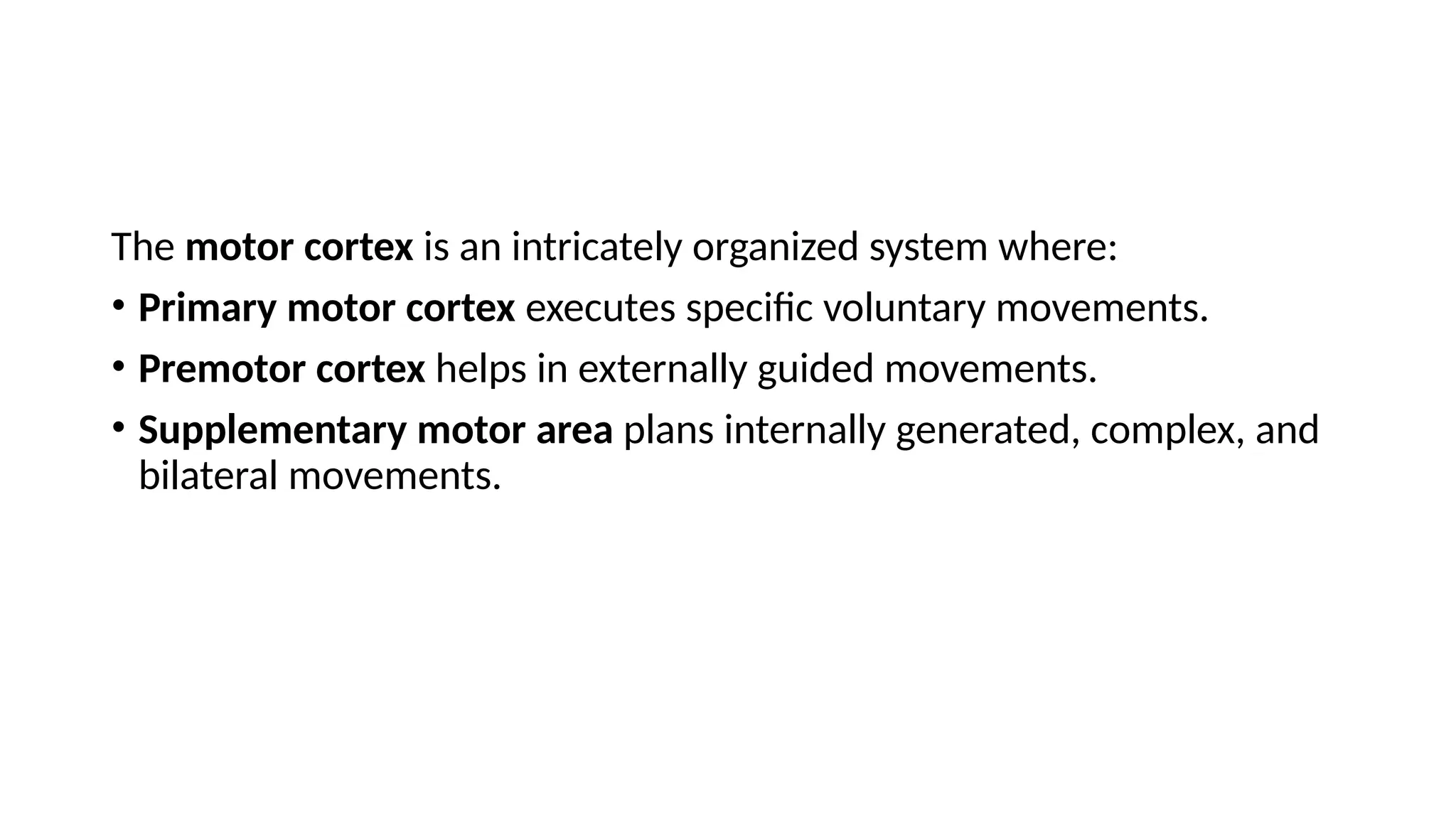 The motor cortex is an intricately organized system where:
• Primary motor cortex executes specific voluntary movements.
• Premotor cortex helps in externally guided movements.
• Supplementary motor area plans internally generated, complex, and
bilateral movements.
 