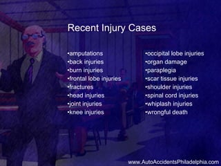 Recent Injury Cases • amputations • back injuries • burn injuries • frontal lobe injuries • fractures • head injuries • joint injuries • knee injuries • occipital lobe injuries • organ damage • paraplegia • scar tissue injuries • shoulder injuries • spinal cord injuries • whiplash injuries • wrongful death www.AutoAccidentsPhiladelphia.com 