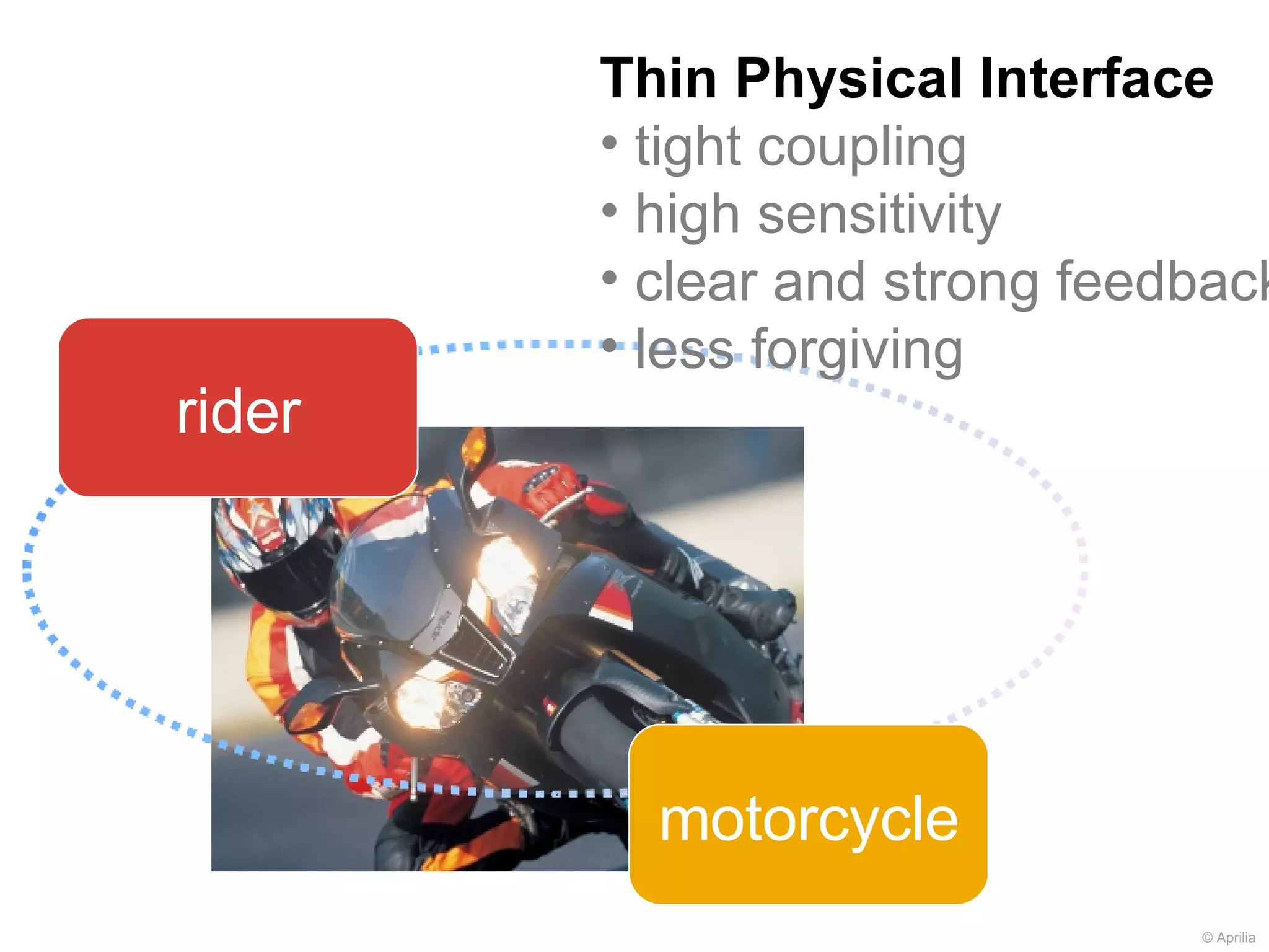 motorcycle Thin Physical Interface tight coupling high sensitivity clear and strong feedback less forgiving rider © Aprilia 