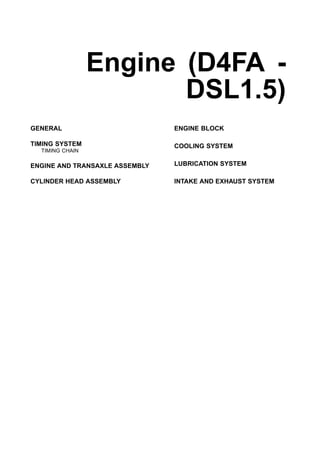 Engine (D4FA -
DSL1.5)
GENERAL
TIMING SYSTEM
TIMING CHAIN
ENGINE AND TRANSAXLE ASSEMBLY
CYLINDER HEAD ASSEMBLY
ENGINE BLOCK
COOLING SYSTEM
LUBRICATION SYSTEM
INTAKE AND EXHAUST SYSTEM
 