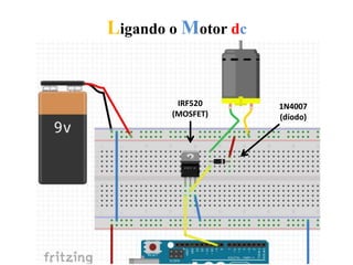 Ligando o Motor dc
IRF520
(MOSFET)
1N4007
(díodo)
5V GND
 