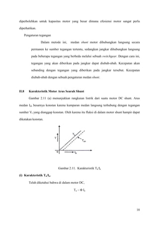 18
diperbolehkan untuk kapasitas motor yang besar dimana efesiensi motor sangat perlu
diperhatikan.
Pengaturan tegangan
Dalam metode ini, medan shunt motor dihubungkan langsung secara
permanen ke sumber tegangan tertentu, sedangkan jangkar dihubungkan langsung
pada beberapa tegangan yang berbeda melalui sebuah switchgear. Dengan cara ini,
tegangan yang akan diberikan pada jangkar dapat diubah-ubah. Kecepatan akan
sebanding dengan tegangan yang diberikan pada jangkar tersebut. Kecepatan
diubah-ubah dengan sebuah pengaturan medan shunt.
II.8 Karakteristik Motor Arus Searah Shunt
Gambar 2.11 (a) menunjukkan rangkaian listrik dari suatu motor DC shunt. Arus
medan Ish besarnya konstan karena kumparan medan langsung terhubung dengan tegangan
sumber Vt yang dianggap konstan. Oleh karena itu fluksi di dalam motor shunt hampir dapat
dikatakan konstan.
Gambar 2.11. Karakteristik Ta/Ia
(i) Karakteristik Ta/Ia.
Telah diketahui bahwa di dalam motor DC,
Ta ~ Φ Ia
 