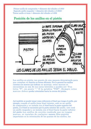 Primer anillo de compresión = diámetro del cilindro x 0.003-
Segundo anillo raspador = diámetro del cilindro x 0.0025-
Tercer anillo si tiene = diámetro del cilindro x 0.002


 Posición de los anillos en el pistón




Los anillos en pistón van puesto de una manera determinada para
que cumplan su función en forma eficiente. Por lo general los anillos
cuentan con marcas que indican su montaje, estas marcas se
encuentran en una de sus caras laterales y pueden ser: U n a
letra “T”, un punto “.” O la palabra “TOP”. Siempre estas
m a r c a s d e b e n quedar orientadas hacia la corona del pistón.




Así también se puede tomar como referencia el bisel que tenga el anillo, por
ejemplo, cuando el anillo tiene bisel interno, este es un anillo
de compresión y se instala con el bisel hacia la parte superior del
pistón, si el bisel se encuentra por la parte exterior del anillo, este será
un anillo raspador y se instala con el bisel hacia la parte inferior
del pistón. L o s a n i l l o s d e s e c c i ó n c u a d r a d a q u e n o t e n g a n
m a r c a s , s e i n s t a l a n d e c u a l q u i e r manera. Otra posición
importante es la orientación de las puntas de los anillos, las
 