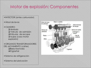 INYECTOR (antes carburador) Árbol de levas CILINDRO: émbolo Válvula  de admisión Válvulas  de escape bujías (caso motor explosión) ORGANOS TRANSFORMADORES DEL MOVIMIENTO (cárter) Biela-Manivela  Cigüeñal Sistema de refrigeración Sistema de lubricación 