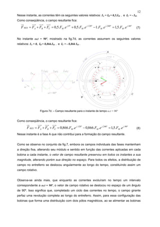 12
Nesse instante, as correntes têm os seguintes valores relativos: IA = IB = 0,5.IM , e IC = - IM.
Como conseqüência, o campo resultante fica:
º60.º240.º120.º0.
..5,1..1..5,0..5,0 j
M
j
M
j
M
j
MCBARES eFeFeFeFFFFF =−+=++= (7)
No instante ω.t = 90º, mostrado na fig.7d, as correntes assumem os seguintes valores
relativos: IA = 0, IB = 0,866.IM , e IC = - 0,866 IM .
Figura 7d. – Campo resultante para o instante de tempo ω.t = 90º
Como conseqüência, o campo resultante fica:
º90.º240.º120.
..5,1..866,0..866,0 j
M
j
M
j
MCBARES eFeFeFFFFF =−=++= (8)
Nesse instante é a fase A que não contribui para a formação do campo resultante.
Como se observa no conjunto da fig.7, embora os campos individuais das fases mantenham
a direção fixa, alterando seu módulo e sentido em função das correntes aplicadas em cada
bobina a cada instante, o vetor de campo resultante preservou em todos os instantes a sua
magnitude, alterando porém sua direção no espaço. Para todos os efeitos, a distribuição de
campo no entreferro se deslocou angularmente ao longo do tempo, constituíndo assim um
campo rotativo.
Observa-se ainda mais, que enquanto as correntes evoluíram no tempo um intervalo
correspondente a ω.t = 90º, o vetor de campo rotativo se deslocou no espaço de um ângulo
de 90º. Isso significa que, completado um ciclo das correntes no tempo, o campo girante
perfaz uma revolução completa ao longo do entreferro. Assim, para essa configuração das
bobinas que forma uma distribuição com dois pólos magnéticos, ao se alimentar as bobinas
 
