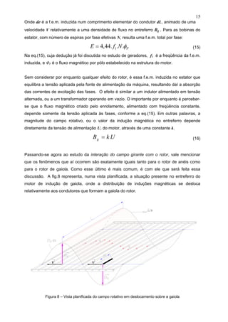 15
Onde de é a f.e.m. induzida num comprimento elementar do condutor dL, animado de uma
velocidade V relativamente a uma densidade de fluxo no entreferro Bg . Para as bobinas do
estator, com número de espiras por fase efetivas N, resulta uma f.e.m. total por fase:
PNfE φ...44,4 1= (15)
Na eq.(15), cuja dedução já foi discutida no estudo de geradores, f1 é a freqüência da f.e.m.
induzida, e ΦP é o fluxo magnético por pólo estabelecido na estrutura do motor.
Sem considerar por enquanto qualquer efeito do rotor, é essa f.e.m. induzida no estator que
equilibra a tensão aplicada pela fonte de alimentação da máquina, resultando daí a absorção
das correntes de excitação das fases. O efeito é similar a um indutor alimentado em tensão
alternada, ou a um transformador operando em vazio. O importante por enquanto é perceber-
se que o fluxo magnético criado pelo enrolamento, alimentado com freqüência constante,
depende somente da tensão aplicada às fases, conforme a eq.(15). Em outras palavras, a
magnitude do campo rotativo, ou o valor da indução magnética no entreferro depende
diretamente da tensão de alimentação U, do motor, através de uma constante k.
UkBg .= (16)
Passando-se agora ao estudo da interação do campo girante com o rotor, vale mencionar
que os fenômenos que aí ocorrem são exatamente iguais tanto para o rotor de anéis como
para o rotor de gaiola. Como esse último é mais comum, é com ele que será feita essa
discussão. A fig.8 representa, numa vista planificada, a situação presente no entreferro do
motor de indução de gaiola, onde a distribuição de induções magnéticas se desloca
relativamente aos condutores que formam a gaiola do rotor.
Figura 8 – Vista planificada do campo rotativo em deslocamento sobre a gaiola
 