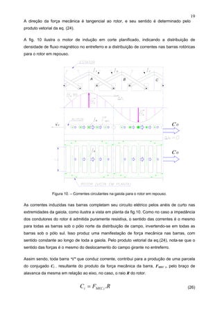 19
A direção da força mecânica é tangencial ao rotor, e seu sentido é determinado pelo
produto vetorial da eq. (24).
A fig. 10 ilustra o motor de indução em corte planificado, indicando a distribuição de
densidade de fluxo magnético no entreferro e a distribuição de correntes nas barras rotóricas
para o rotor em repouso.
Figura 10. – Correntes circulantes na gaiola para o rotor em repouso.
As correntes induzidas nas barras completam seu circuito elétrico pelos anéis de curto nas
extremidades da gaiola, como ilustra a vista em planta da fig.10. Como no caso a impedância
dos condutores do rotor é admitida puramente resistiva, o sentido das correntes é o mesmo
para todas as barras sob o pólo norte da distribuição de campo, invertendo-se em todas as
barras sob o pólo sul. Isso produz uma manifestação de força mecânica nas barras, com
sentido constante ao longo de toda a gaiola. Pelo produto vetorial da eq.(24), nota-se que o
sentido das forças é o mesmo do deslocamento do campo girante no entreferro.
Assim sendo, toda barra “i” que conduz corrente, contribui para a produção de uma parcela
do conjugado Ci , resultante do produto da força mecânica da barra, FMEC i, pelo braço de
alavanca da mesma em relação ao eixo, no caso, o raio R do rotor.
RFC iMECi .= (26)
 