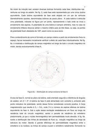 7
No motor de indução real, existem diversas bobinas formando cada fase, distribuídas nas
ranhuras ao longo do estator. Na fig. 5, cada fase está representada por uma única bobina
equivalente. Cada bobina equivalente de fase está alojada em um par de ranhuras
diametralmente opostas, denominadas bobinas de passo pleno. A cada bobina é atribuída
uma polaridade, indicada na figura por um ponto, representando o lado onde se inicia o
enrolamento das espiras. A polaridade de uma bobina é sempre arbitrária, mas no caso do
enrolamento trifásico deve-se adotar o mesmo critério para as três fases, ou seja, os pontos
de polaridade ficam afastados de 120º, assim como os seus eixos.
Para o entendimento de como é formado um campo rotativo a partir de enrolamentos fixos no
espaço, faz-se necessário inicialmente verificar o efeito de cada fase individualmente. Na fig.
6a. é mostrada a distribuição de campo magnético ao longo de todo o circuito magnético do
motor, devido exclusivamente à fase A.
Figura 6a. – Distribuição de campo exclusiva da fase A.
O eixo da fase A, normal ao plano da bobina, está orientado segundo a referência de ângulos
do estator, em θ = 0º. A bobina da fase A está alimentada com corrente IA entrando pelo
ponto indicativo de polaridade, sendo dessa forma considerada corrente positiva. A força
magnetomotriz que resulta é FA = N.IA, onde N é o número de espiras efetivas da bobina
equivalente da fase A. Sob a ação dessa excitação estabelece-se um fluxo ao longo da
relutância total do circuito magnético, sendo a parcela de relutância do entreferro
predominante, já que o núcleo ferromagnético tem permeabilidade muito elevada. A fig. 6a.
ilustra a distribuição das linhas de densidade de fluxo ou indução magnética ao longo da
estrutura do motor. Devido à grande diferença de permeabilidade magnética entre o
entreferro e os núcleos, as linhas de campo cruzam o entreferro radialmente, formando na
 