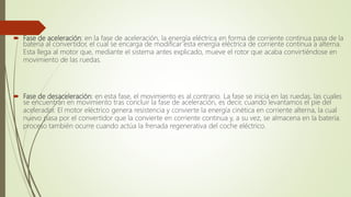  Fase de aceleración: en la fase de aceleración, la energía eléctrica en forma de corriente continua pasa de la
batería al convertidor, el cual se encarga de modificar esta energía eléctrica de corriente continua a alterna.
Esta llega al motor que, mediante el sistema antes explicado, mueve el rotor que acaba convirtiéndose en
movimiento de las ruedas.
 Fase de desaceleración: en esta fase, el movimiento es al contrario. La fase se inicia en las ruedas, las cuales
se encuentran en movimiento tras concluir la fase de aceleración, es decir, cuando levantamos el pie del
acelerador. El motor eléctrico genera resistencia y convierte la energía cinética en corriente alterna, la cual
nuevo pasa por el convertidor que la convierte en corriente continua y, a su vez, se almacena en la batería.
proceso también ocurre cuando actúa la frenada regenerativa del coche eléctrico.
 