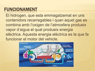 FUNCIONAMENT
El hidrogen, que esta emmagatzemat en uns
contenidors recarregables i quan aquet gas es
combina amb l’oxigen de l’atmosfera produeix
vapor d’aigua el qual produeix energia
elèctrica. Aquesta energia elèctrica es la que fa
funcionar el motor del vehicle.
 