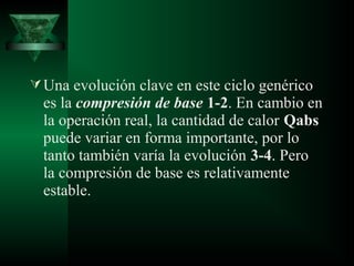  Una evolución clave en este ciclo genérico
  es la compresión de base 1-2. En cambio en
  la operación real, la cantidad de calor Qabs
  puede variar en forma importante, por lo
  tanto también varía la evolución 3-4. Pero
  la compresión de base es relativamente
  estable.
 