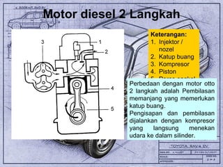 Motor diesel 2 Langkah
Keterangan:
1. Injektor /
nozel
2. Katup buang
3. Kompresor
4. Piston
5. Poros engkol
Perbedaan dengan motor otto
2 langkah adalah Pembilasan
memanjang yang memerlukan
katup buang.
Pengisapan dan pembilasan
dijalankan dengan kompresor
yang langsung menekan
udara ke dalam silinder.
 