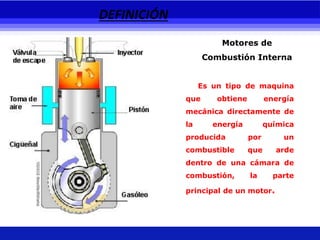 DEFINICIÓN
Motores de
Combustión Interna
Es un tipo de maquina
que obtiene energía
mecánica directamente de
la energía química
producida por un
combustible que arde
dentro de una cámara de
combustión, la parte
principal de un motor.
 