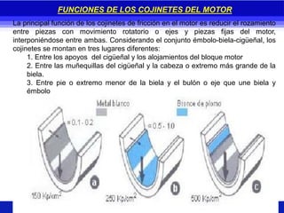 La principal función de los cojinetes de fricción en el motor es reducir el rozamiento
entre piezas con movimiento rotatorio o ejes y piezas fijas del motor,
interponiéndose entre ambas. Considerando el conjunto émbolo-biela-cigüeñal, los
cojinetes se montan en tres lugares diferentes:
1. Entre los apoyos del cigüeñal y los alojamientos del bloque motor
2. Entre las muñequillas del cigüeñal y la cabeza o extremo más grande de la
biela.
3. Entre pie o extremo menor de la biela y el bulón o eje que une biela y
émbolo
FUNCIONES DE LOS COJINETES DEL MOTOR
 