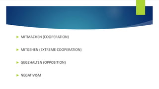  MITMACHEN (COOPERATION)
 MITGEHEN (EXTREME COOPERATION)
 GEGEHALTEN (OPPOSITION)
 NEGATIVISM
 