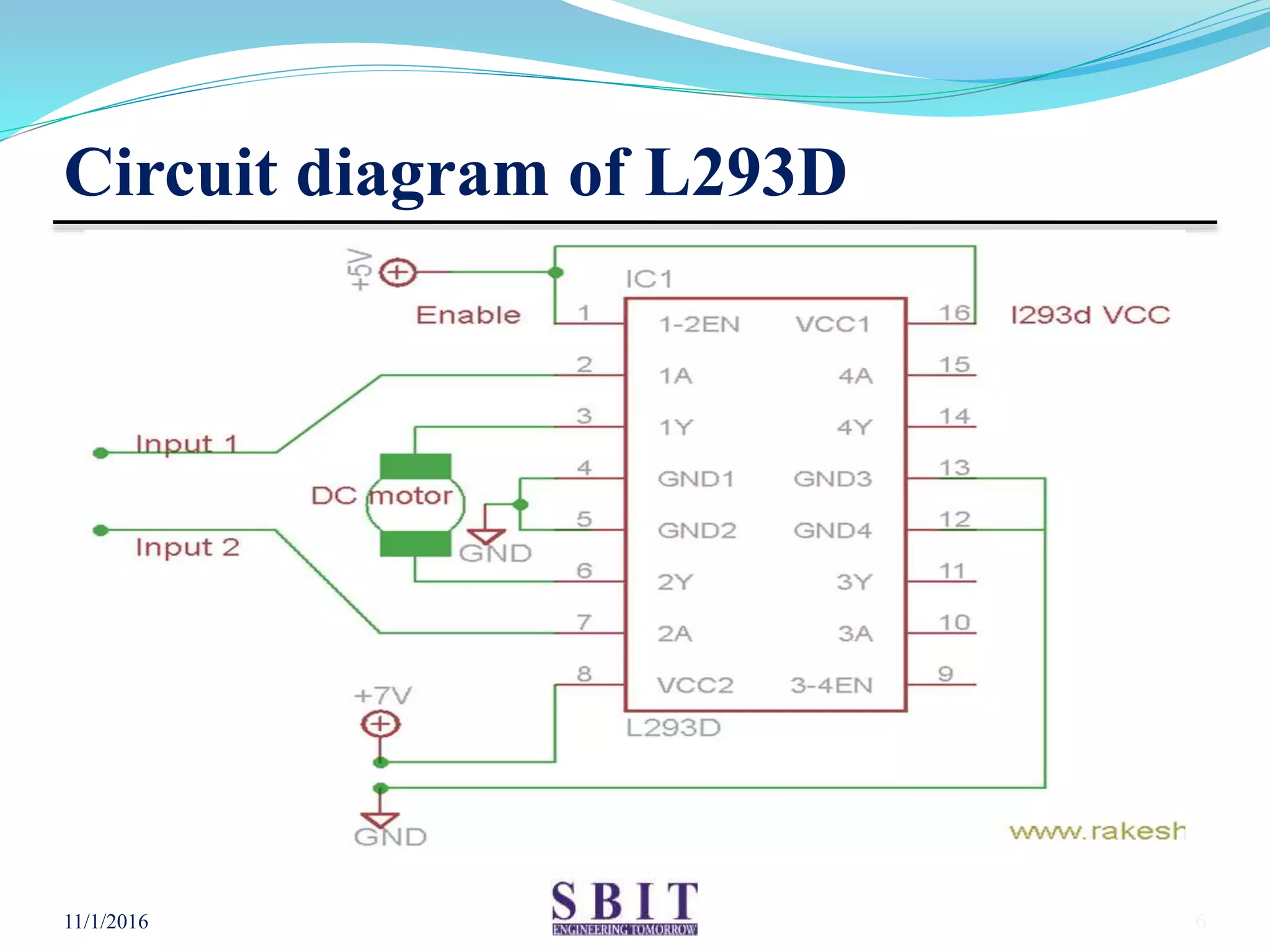 Circuit diagram of L293D
11/1/2016 6
 