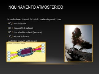 INQUINAMENTO ATMOSFERICO
la combustione di derivati del petrolio produce inquinanti come:
•NOX  ossidi di azoto
•CO  monossido di carbonio
•HC  idrocarburi incombusti (benzene)
•SO2  anidride solforosa
•particolato e polveri sottili (diesel)
 
