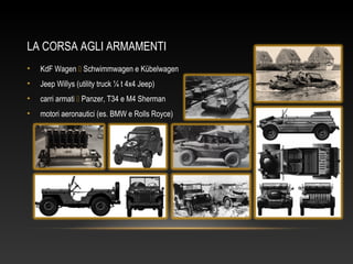 LA CORSA AGLI ARMAMENTI
• KdF Wagen  Schwimmwagen e Kübelwagen
• Jeep Willys (utility truck ¼ t 4x4 Jeep)
• carri armati  Panzer, T34 e M4 Sherman
• motori aeronautici (es. BMW e Rolls Royce)
 