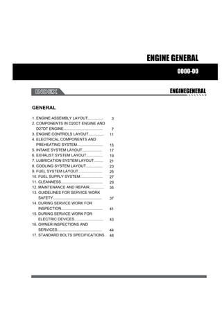 ENGINE GENERAL
0000-00
ENGINEGENERAL
GENERAL
1. ENGINE ASSEMBLY LAYOUT...............
2. COMPONENTS IN D20DT ENGINE AND
D27DT ENGINE......................................
3. ENGINE CONTROLS LAYOUT...............
4. ELECTRICAL COMPONENTS AND
PREHEATING SYSTEM.........................
5. INTAKE SYSTEM LAYOUT...................
6. EXHAUST SYSTEM LAYOUT................
7. LUBRICATION SYSTEM LAYOUT.........
8. COOLING SYSTEM LAYOUT................
9. FUEL SYSTEM LAYOUT.......................
10. FUEL SUPPLY SYSTEM......................
11. CLEANNESS........................................
12. MAINTENANCE AND REPAIR..............
13. GUIDELINES FOR SERVICE WORK
SAFETY...............................................
14. DURING SERVICE WORK FOR
INSPECTION........................................
15. DURING SERVICE WORK FOR
ELECTRIC DEVICES............................
16. OWNER INSPECTIONS AND
SERVICES...........................................
17. STANDARD BOLTS SPECIFICATIONS
3
7
11
15
17
19
21
23
25
27
29
35
37
41
43
44
48
 