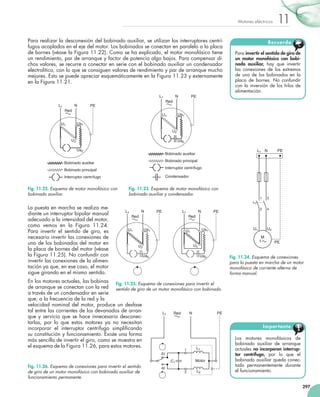 297
11
Motores eléctricos
Para realizar la desconexión del bobinado auxiliar, se utilizan los interruptores centrí-
fugos acoplados en el eje del motor. Los bobinados se conectan en paralelo a la placa
de bornes (véase la Figura 11.22). Como se ha explicado, el motor monofásico tiene
un rendimiento, par de arranque y factor de potencia algo bajos. Para compensar di-
chos valores, se recurre a conectar en serie con el bobinado auxiliar un condensador
electrolítico, con lo que se consiguen valores de rendimiento y par de arranque mucho
mejores. Esto se puede apreciar esquemáticamente en la Figura 11.23 y externamente
en la Figura 11.21.
La puesta en marcha se realiza me-
diante un interruptor bipolar manual
adecuado a la intensidad del motor,
como vemos en la Figura 11.24.
Para invertir el sentido de giro, es
necesario invertir las conexiones de
uno de los bobinados del motor en
la placa de bornes del motor (véase
la Figura 11.25). No confundir con
invertir las conexiones de la alimen-
tación ya que, en ese caso, el motor
sigue girando en el mismo sentido.
En los motores actuales, las bobinas
de arranque se conectan con la red
a través de un condensador en serie
que, a la frecuencia de la red y la
velocidad nominal del motor, produce un desfase
tal entre las corrientes de los devanados de arran-
que y servicio que se hace innecesario desconec-
tarlas, por lo que estos motores ya no necesitan
incorporar el interruptor centrífugo simplificando
su constitución y funcionamiento. Existe una forma
más sencilla de invertir el giro, como se muestra en
el esquema de la Figura 11.26, para estos motores.
Los motores monofásicos de
bobinado auxiliar de arranque
actuales no incorporan interrup-
tor centrífugo, por lo que el
bobinado auxiliar queda conec-
tado permanentemente durante
el funcionamiento.
Importante
Para invertir el sentido de giro de
un motor monofásico con bobi-
nado auxiliar, hay que invertir
las conexiones de los extremos
de uno de los bobinados en la
placa de bornes. No confundir
con la inversión de los hilos de
alimentación.
Recuerda
L1
PE
1
2
U1
N
3
4
U2
PE
1
M
Fig. 11.24. Esquema de conexiones
para la puesta en marcha de un motor
monofásico de corriente alterna de
forma manual.
L1
U1
PE
U2
Ua1
Ua2
N
Red
Bobinado auxiliar
Bobinado principal
Interruptor centrífugo
Fig. 11.22. Esquema de motor monofásico con
bobinado auxiliar.
L1
U1
PE
U2
Ua1
Ua2
N
Red
Bobinado auxiliar
Bobinado principal
Interruptor centrífugo
Condensador
Fig. 11.23. Esquema de motor monofásico con
bobinado auxiliar y condensador.
L1
U1
PE
U2
Ua1
Ua2
N
Red
L1
U1
PE
U2
Ua1
Ua2
N
Red
Fig. 11.25. Esquema de conexiones para invertir el
sentido de giro de un motor monofásico con bobinado.
b)
C1
L1 PE
N
Red
2
1
L2
L1
a)
Motor
Fig. 11.26. Esquema de conexiones para invertir el sentido
de giro de un motor monofásico con bobinado auxiliar de
funcionamiento permanente.
 