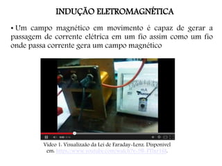 • Um campo magnético em movimento é capaz de gerar a
passagem de corrente elétrica em um fio assim como um fio
onde passa corrente gera um campo magnético
INDUÇÃO ELETROMAGNÉTICA
Vídeo 1: Visualizaão da Lei de Faraday-Lenz. Disponível
em: https://www.youtube.com/watch?v=9B-FTlxr16I.
 