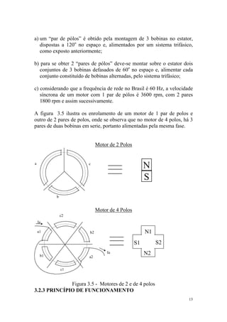 a) um “par de pólos” é obtido pela montagem de 3 bobinas no estator,
   dispostas a 120o no espaço e, alimentados por um sistema trifásico,
   como exposto anteriormente;

b) para se obter 2 “pares de pólos” deve-se montar sobre o estator dois
   conjuntos de 3 bobinas defasados de 60o no espaço e, alimentar cada
   conjunto constituído de bobinas alternadas, pelo sistema trifásico;

c) considerando que a frequência de rede no Brasil é 60 Hz, a velocidade
   síncrona de um motor com 1 par de pólos é 3600 rpm, com 2 pares
   1800 rpm e assim sucessivamente.

A figura 3.5 ilustra os enrolamento de um motor de 1 par de polos e
outro de 2 pares de polos, onde se observa que no motor de 4 polos, há 3
pares de duas bobinas em serie, portanto alimentadas pela mesma fase.


                              Motor de 2 Polos


a                       c
                                                      N
                                                      S
          b


                              Motor de 4 Polos
              c2
    Ia

    a1                   b2                           N1
                                                 S1        S2

     b1
                                   Ia                 N2
                        a2


              c1


              Figura 3.5 - Motores de 2 e de 4 polos
3.2.3 PRINCÍPIO DE FUNCIONAMENTO
                                                                      13
 