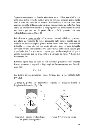 Suponhamos colocar no interior do estator uma bobina, constituída por
uma única espira fechada, livre de girar em torno de um eixo que coincide
com o eixo de simetria do estator. Excitando-se o estator com uma
corrente senoidal trifásica, criar-se-á um campo girante de induções. Para
efeito de análise substituiremos o campo girante do enrolamento trifásico
do estator por um par de pólos (Norte e Sul), girando com uma
velocidade angular ωs (fig. 3.6).

Inicialmente a espira parada “vê” o campo com velocidade ωs, portanto,
por efeito da variação de fluxo, produzida pelo campo girante que se
desloca em volta da espira, gera-se nesta última uma força eletromotriz
induzida, e como ela está em curto circuito, uma corrente induzida
circulará por ela. Esta corrente, pela Lei de Lenz, tenta anular a causa que
a produziu, isto é, o sentido da corrente que circula na espira é tal que o
campo magnético que ela cria, opõe-se à variação de fluxo. A figura 3.6
ilustra esse fato.

Estamos agora, face ao caso de um condutor percorrido por corrente
imerso num campo magnético, logo surgirá sobre o condutor uma força F,
dada por:
                        →       →   →
                        F = i ΛB

isto é, tem direção normal ao plano formado por i e B, e módulo dado
por i x B.

A força F, poderá ser decomposta segundo as direções: normal e
longitudinal da espira (fig. 3.7).

                    N                                       Fn


            I                                                    F
                            F
                                        ws
                B
           F                I                           F
ws

                                                    d
                                                                  Fn
                    S


Figura 3.6 - Campo produzido por             Figura 3.7 - Força na espira
     um par de polos girante

                                                                            14
 
