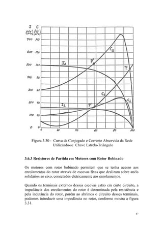 Figura 3.30 - Curva de Conjugado e Corrente Absorvida da Rede
                  Utilizando-se Chave Estrela-Triângulo


3.6.3 Resistores de Partida em Motores com Rotor Bobinado

Os motores com rotor bobinado permitem que se tenha acesso aos
enrolamentos do rotor através de escovas fixas que deslizam sobre anéis
solidários ao eixo, conectados eletricamente aos enrolamentos.

Quando os terminais externos dessas escovas estão em curto circuito, a
impedância dos enrolamentos do rotor é determinada pela resistência e
pela indutância do rotor, porém ao abrimos o circuito desses terminais,
podemos introduzir uma impedância no rotor, conforme mostra a figura
3.31.

                                                                     47
 