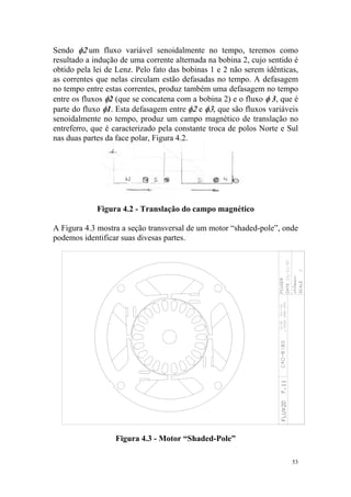 Sendo φ2 um fluxo variável senoidalmente no tempo, teremos como
resultado a indução de uma corrente alternada na bobina 2, cujo sentido é
obtido pela lei de Lenz. Pelo fato das bobinas 1 e 2 não serem idênticas,
as correntes que nelas circulam estão defasadas no tempo. A defasagem
no tempo entre estas correntes, produz também uma defasagem no tempo
entre os fluxos φ2 (que se concatena com a bobina 2) e o fluxo φ 3, que é
parte do fluxo φ1. Esta defasagem entre φ2 e φ3, que são fluxos variáveis
senoidalmente no tempo, produz um campo magnético de translação no
entreferro, que é caracterizado pela constante troca de polos Norte e Sul
nas duas partes da face polar, Figura 4.2.




             Figura 4.2 - Translação do campo magnético

A Figura 4.3 mostra a seção transversal de um motor “shaded-pole”, onde
podemos identificar suas divesas partes.




                  Figura 4.3 - Motor “Shaded-Pole”

                                                                       53
 