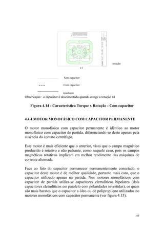 rotação
                                            n1


                            Sem capacitor

                            Com capacitor

                           resultante
Observação : o capacitor é desconectado quando atinge a rotação n1

    Figura 4.14 - Característica Torque x Rotação - Com capacitor


4.4.4 MOTOR MONOFÁSICO COM CAPACITOR PERMANENTE

O motor monofásico com capacitor permanente é idêntico ao motor
monofásico com capacitor de partida, diferenciando-se deste apenas pela
ausência do contato centrífugo.

Este motor é mais eficiente que o anterior, visto que o campo magnético
produzido é rotativo e não pulsante, como naquele caso, pois os campos
magnéticos rotativos implicam em melhor rendimento das máquinas de
corrente alternada.

Face ao fato do capacitor permanecer permanentemente conectado, o
capacitor deste motor é de melhor qualidade, portanto mais caro, que o
capacitor utilizado apenas na partida. Nos motores monofásicos com
capacitor de partida utiliza-se capacitores eletrolíticos bipolares (dois
capacitores eletrolíticos em paralelo com polaridades invertidas), os quais
são mais baratos que o capacitor a óleo ou de polipropileno utilizados no
motores monofásicos com capacitor permanente (ver figura 4.15).




                                                                         65
 