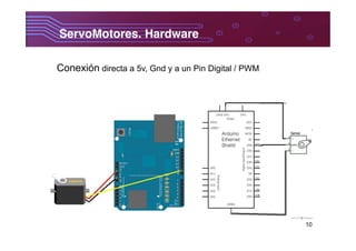 10
ServoMotores. Hardware	
  
Conexión directa a 5v, Gnd y a un Pin Digital / PWM
 