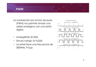 4
PWM	
  
La modulación por ancho de pulso
(PWM) nos permite simular una
salida analógica con una señal
digital.
•  analogWrite (0-255)
•  Simula voltaje: 5v*x/255
•  La señal tiene una frecuencia de
500MHz, T=2 μs
 