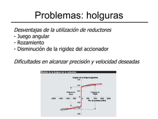 Problemas: holguras Desventajas de la utilización de reductores - Juego angular - Rozamiento Disminución de la rigidez del accionador Dificultades en alcanzar precisión y velocidad deseadas 