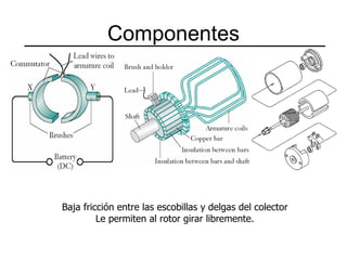 Componentes Baja fricción entre las escobillas y delgas del colector Le permiten al rotor girar libremente. 