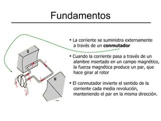 Fundamentos La corriente se suministra externamente a través de un  conmutador Cuando la corriente pasa a través de un  alambre insertado en un campo magnético, la fuerza magnética produce un par, que hace girar al rotor El conmutador invierte el sentido de la  corriente cada media revolución,  manteniendo el par en la misma dirección. 