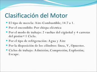 Clasificación del Motor El tipo de mezcla: Aire-Combustible; 14.7 a 1.  Por el encendido: Por chispa eléctrica  Por el modo de trabajo: 2 vueltas del cigüeñal y 4 carreras del pistón= 1 Ciclo. Por el tipo de refrigeración: Agua y Aire Por la disposición de los cilindros: línea, V, Opuestos. Ciclos de trabajo: Admisión; Compresión; Explosión; Escape. 