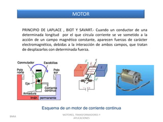MOTOR

       PRINCIPIO DE LAPLACE , BIOT Y SAVART.- Cuando un conductor de una
       determinada longitud por el que circula corriente se ve sometido a la
       acción de un campo magnético constante, aparecen fuerzas de carácter
       electromagnético, debidas a la interacción de ambos campos, que tratan
       de desplazarlos con determinada fuerza.




                 Esquema de un motor de corriente continua
                             MOTORES, TRANSFORMADORES Y
BNRA
                                    APLICACIONES
 